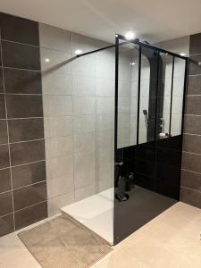 a shower with a glass door in a bathroom at Las Mijeannos in Cazalrenoux +11 photos