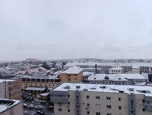 a city with snow covered roofs and buildings at Central I in Târgu Jiu