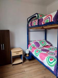 a bedroom with two bunk beds and a night stand at Cabañas El Oasis Laguna Verde in Laguna Verde +31 photos