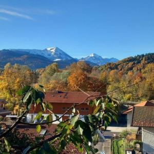 a view of a town with mountains in the background at HäuslmaierS Urlaubswohnung in Siegsdorf