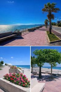 a collage of three pictures of a park with a tree and flowers at CasaTreFontane in Bovalino Marina