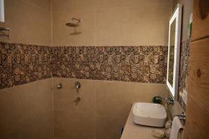 a bathroom with a shower and a sink at Hibiscus in Kota Bāgh +35 photos