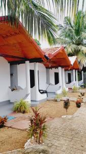 a white building with a red roof and palm trees at Econest arugambay in Arugam Bay