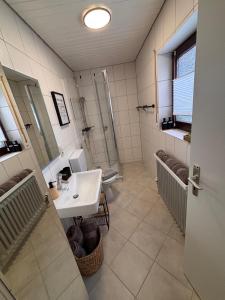 a bathroom with a sink and a shower and a toilet at Waldblick Glatt in Sulz am Neckar +26 photos