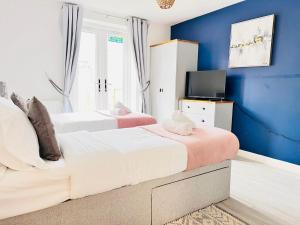 two beds in a room with blue walls and a tv at TANZANITE - Ground Floor 2BR apart, Pet friendly in Cambridge