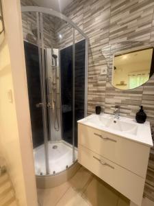 a bathroom with a sink and a shower at Auberge aux 1000 saveurs in Malay-le-Petit