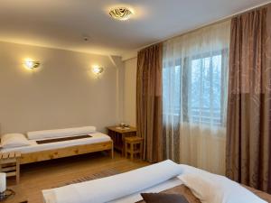 a bedroom with two beds and a window at Pensiunea Turistică Octavian in Moroeni