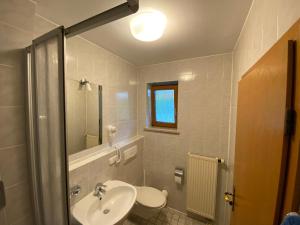 a bathroom with a sink and a toilet and a mirror at Hotel zur Ulme in Anzing