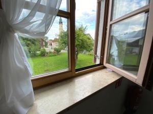 a window with a view of a green yard at Hotel zur Ulme in Anzing