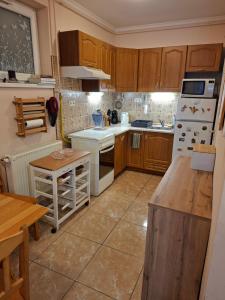 a kitchen with wooden cabinets and white appliances at Benett Apartman in Győr +10 photos