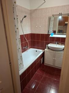 a bathroom with a tub and a sink at Benett Apartman in Győr