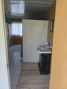 a small bathroom with a sink and a shower at Dam Jam Cabanas in Oranjeville