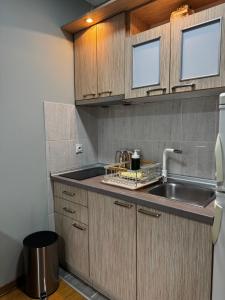 a kitchen with wooden cabinets and a sink at IWA CENTAR Apartments & Wellness in Vrnjačka Banja +93 photos