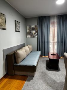 a living room with a couch in front of a window at IWA CENTAR Apartments & Wellness in Vrnjačka Banja