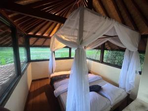 a bed with a canopy in a room with windows at Cacao Bamboo House in Krambitan