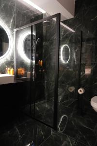 a black bathroom with a shower and a toilet at Flat 6 - Luxury Designer Apartment in Odăile +26 photos