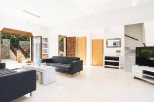 a living room with two couches and a tv at Villa Petalouda by Villa Plus in Kalathos