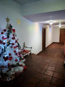 a christmas tree in the corner of a room at Hostal Casa Inés La Valerosa in Las Navas de la Concepción