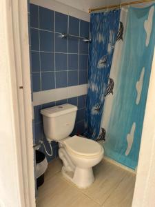 a bathroom with a toilet and a shower curtain at Villa Conchita - Piscina Privada y BBQ in Carmen de Apicalá