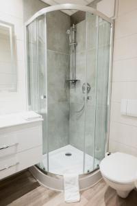 een badkamer met douche en toilet bij Hotel Landhaus Dierkow in Rostock +24 foto's