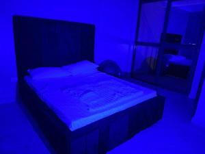 a bedroom with a bed in a blue room at Nordik Hotel in Nkumba