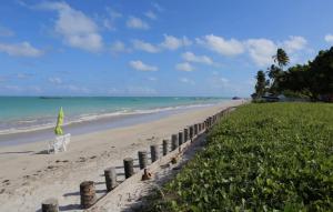 a beach with a chair and an umbrella on the sand at Aconchego em Peroba in Maragogi