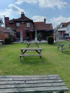 a group of picnic tables in front of a building at The Stag in Salhouse +17 photos