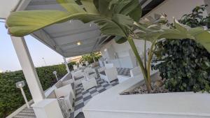 a patio with white chairs and plants on a building at Casa vacanze Lu Salentu in Torre Lapillo +7 photos