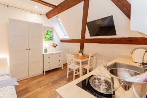 una cucina con lavandino e tavolo in una stanza di Resort Mlýn Karolínka a Vranov nad Dyjí