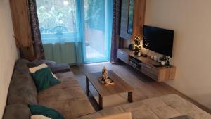 a living room with a couch and a tv at Apartmán Všemina 14A in Všemina