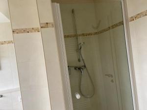 a shower in a bathroom with a glass shower stall at Reetdachhaus Windblume - super gemütlich in Zinnowitz +38 photos