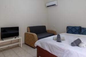 a room with two beds and a chair and a television at Philoxenia Studio Larissa in Larisa