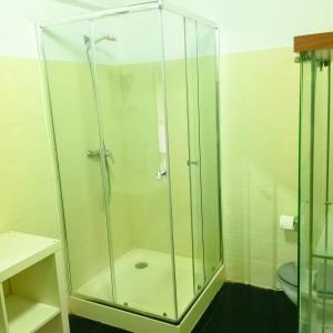 una doccia in vetro in un bagno con WC di Casa Rural Ribota! a Ribota