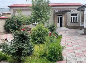 a garden in front of a house with roses at Registan Stay in Samarkand