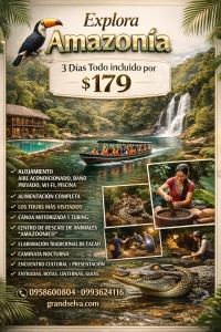 a flyer for a tour of amazonia with a waterfall and a bird at Grand Selva Lodge & Tours in Tena