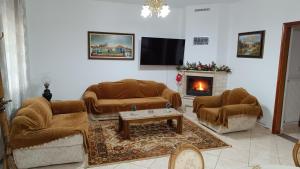 a living room with two couches and a fireplace at Leo Villas in Florina