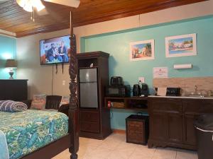 a bedroom with a bed and a kitchen with a sink at Albury's Haven in Nassau