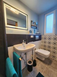 a bathroom with a sink and a toilet and a mirror at Pamir in Ferdinandshof