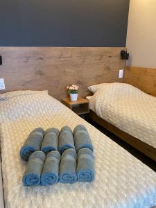 two beds with blue pillows on them in a room at Apartament Ksawery parking w cenie podgrzewany basen in Rewal