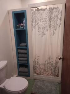 a bathroom with a shower with a toilet and towels at The Acorn at Oak Lodge in Palenville