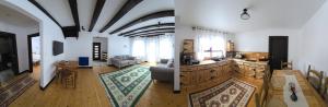 a large living room with a kitchen and a living room at The Froggies in Gura Negri