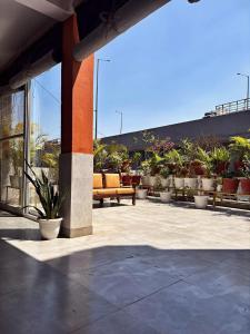a patio with benches and potted plants on a building at Ashu Villa in New Delhi