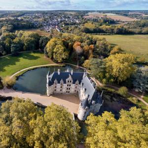 an aerial view of a large house on a lake at La Croix Perette in Azay-le-Rideau