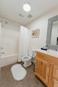 a bathroom with a toilet and a sink and a mirror at The Alabama Guest House in Englewood +62 photos