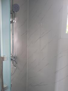 a shower in a bathroom with a glass door at Villa Océanne in Grand-Bourg