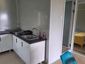 a small kitchen with a sink and a mirror at Villa Océanne in Grand-Bourg +2 photos