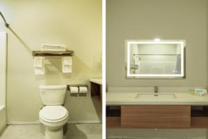 two pictures of a bathroom with a toilet and a sink at Efficiency De Luxe Sulphur Near Lake Charles I 10 in Sulphur +21 photos