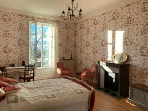 een slaapkamer met een bed, een open haard en een televisie bij Le Manoir des Rochers in Bouère