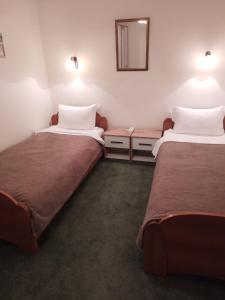 una camera con due letti e uno specchio a muro di Rosemary Terrace Krasici a Krasići