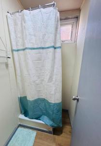 a shower curtain in a room with a door at Cabaña Los Lagos 2 in Lenca +6 photos